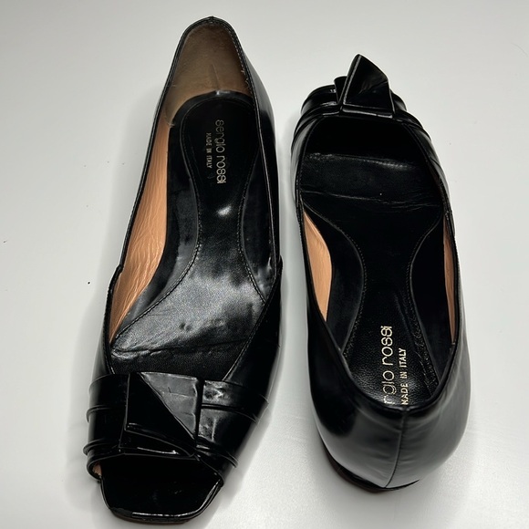 Sergio Rossi Sz 38.5 Peep Toe Black Leather Flats Shoes - Picture 1 of 16
